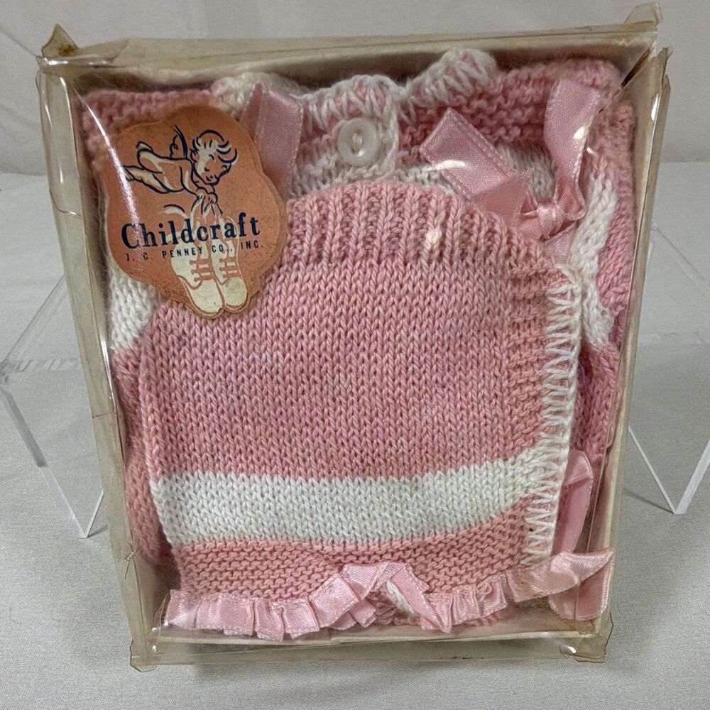 VTG 1950s Childcraft JCPenney Knit Baby Layette Set Pink Bonnet Sweater NOS Sz 2